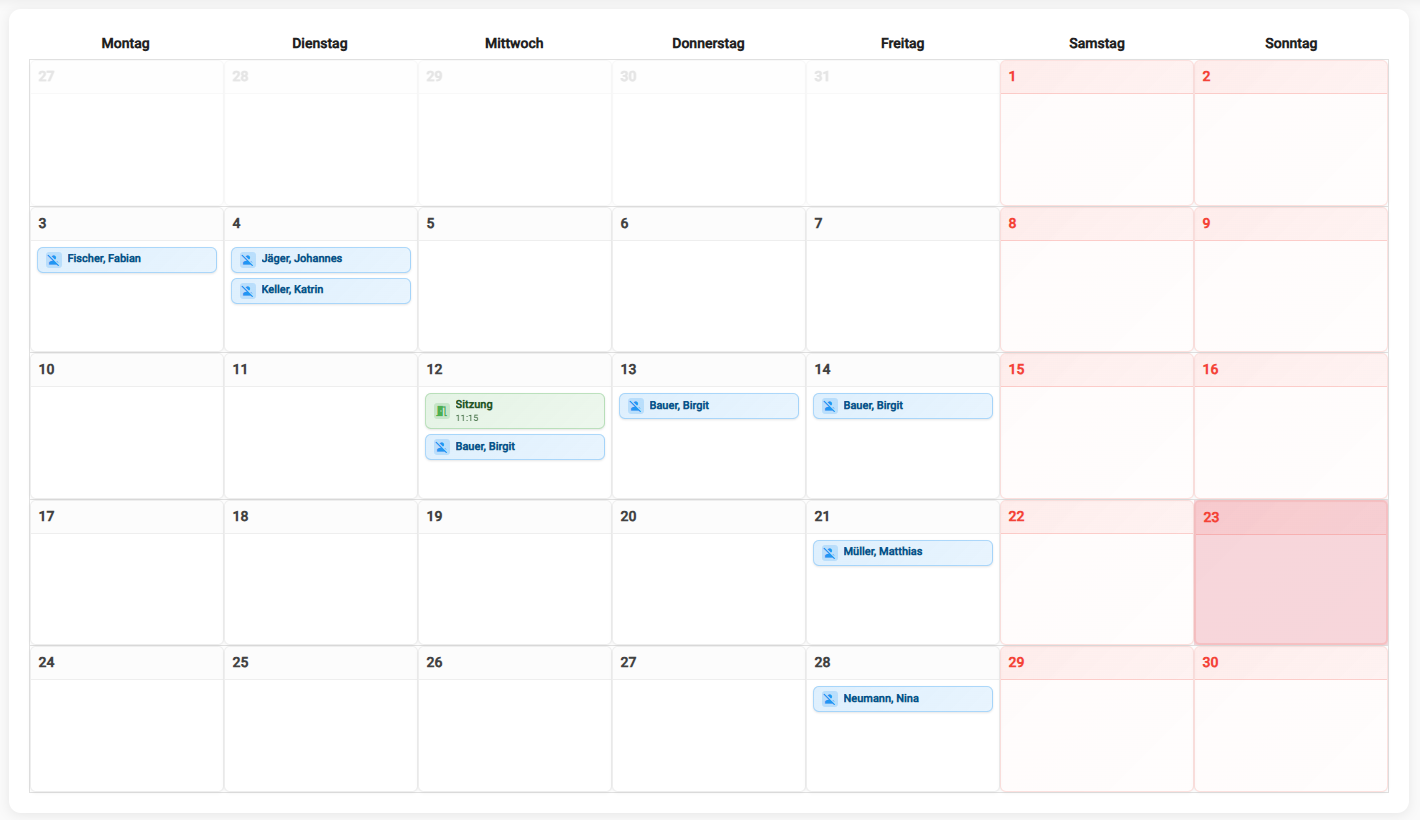 BR-Planer Kalenderansicht mit Sitzungen und Abwesenheiten